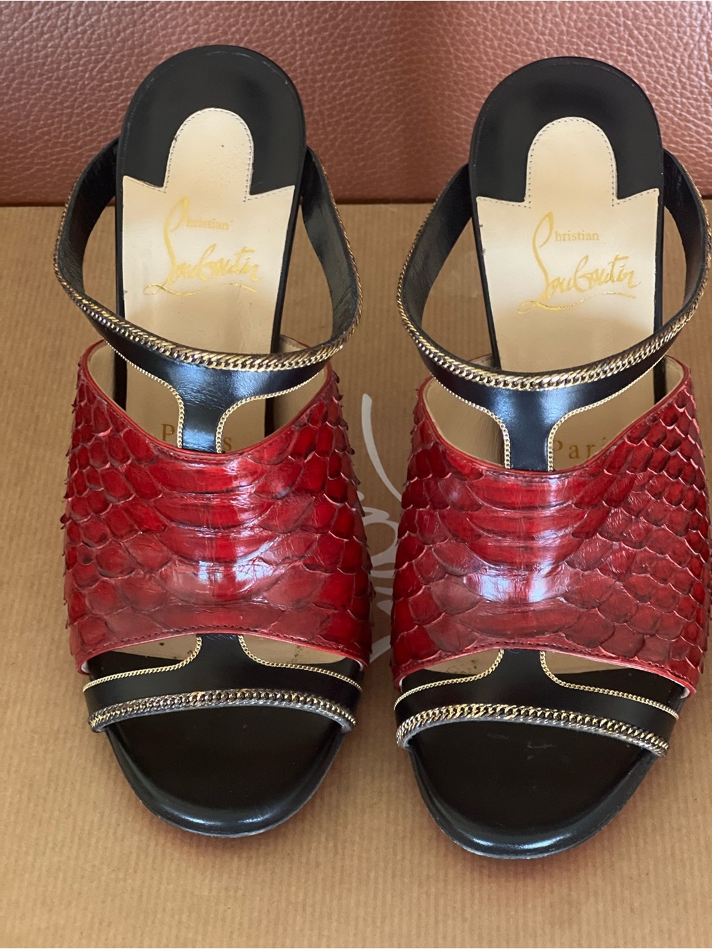Christian Louboutin Red Python and Black Leather Slide Sandals with Gold Trim